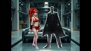 A small very cute young woman with long orange hair will be surprise by an evil genius on an island