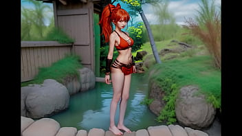 A small very cute young woman with long orange hair will be surprise by an evil genius on an island