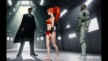 A small very cute young woman with long orange hair will be surprise by an evil genius on an island