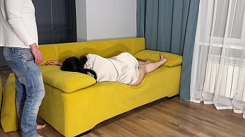 Stepmom squeezed stepson's penis with her ass and gave a blowjob