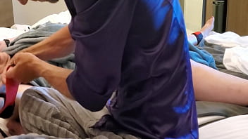 Bed spiderweb bondage submissive handcuffed & pussy whipped w vibrator