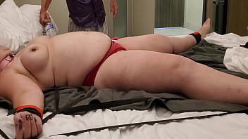 Bed spiderweb bondage submissive handcuffed & pussy whipped w vibrator