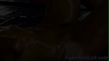 Busty oiledup dyke wrestling her opponent