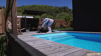 Neighbor spies on morning yoga by the pool and joins me