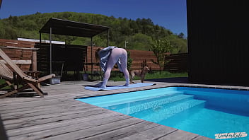 Neighbor spies on morning yoga by the pool and joins me