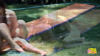 The ideal blonde individual engages in outdoor activities with a close companion while affectionately expressing physical affection towards her prominent posterior