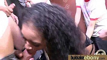 Ebony babe sucks group of white guys 12