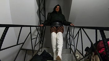 Downjacket fetish on the stairs – shiny boots bodystockings & sensual touch 317