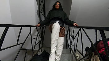 Downjacket fetish on the stairs – shiny boots bodystockings & sensual touch 317