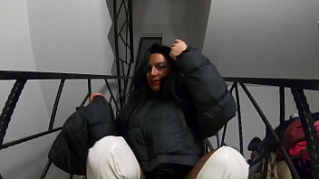 Downjacket fetish on the stairs – shiny boots bodystockings & sensual touch 317