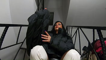 Downjacket fetish on the stairs – shiny boots bodystockings & sensual touch 317