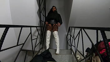 Downjacket fetish on the stairs – shiny boots bodystockings & sensual touch 317