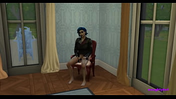 Futa masturbates alone in chair