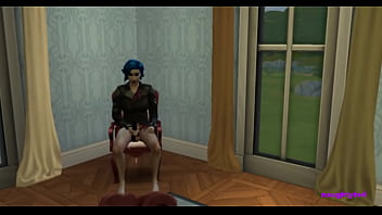Futa masturbates alone in chair