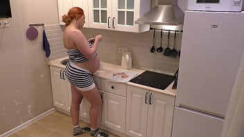 Pregnant neighbor blows me in the kitchen while her hubby works