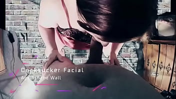 Cocksucker facial against wall