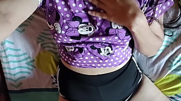 Cute girl in pajamas touches her ass and cums on her stepdad's bed