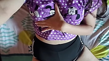 Cute girl in pajamas touches her ass and cums on her stepdad's bed