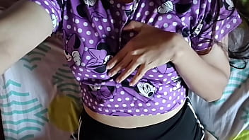 Cute girl in pajamas touches her ass and cums on her stepdad's bed