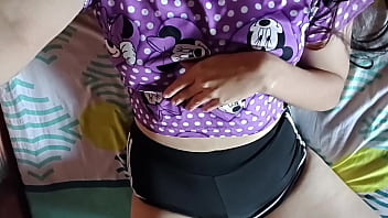 Cute girl in pajamas touches her ass and cums on her stepdad's bed