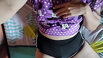 Cute girl in pajamas touches her ass and cums on her stepdad's bed