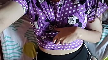 Cute girl in pajamas touches her ass and cums on her stepdad's bed