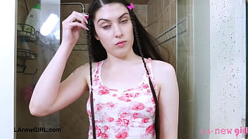 Sexy chic brunette took a shower