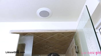 Sexy chic brunette took a shower