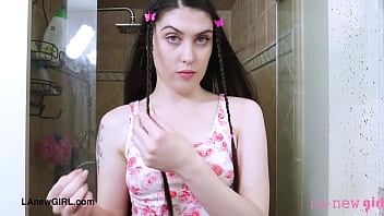 Sexy chic brunette took a shower