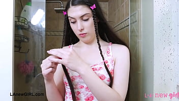 Sexy chic brunette took a shower