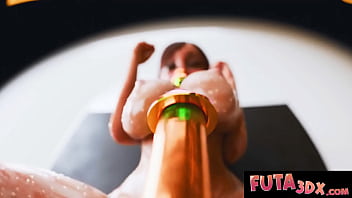 Hot horny babe puts a dildo in between her tits