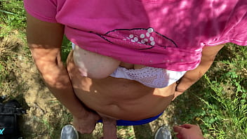 Fuck and cum in thong in public park summer