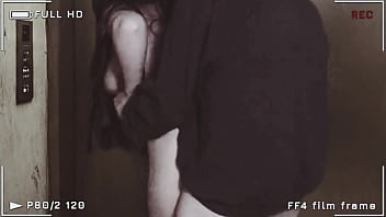 Wtf girl in skirt and fishnet stockings fucking and gets a creampie in the elevator