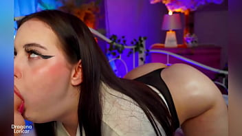 Cute babe gives a deep slobbery blowjob and plays with her wet pussy