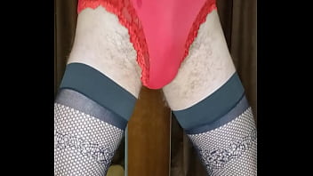 Crossdresser Dressed In Red Bra And Panties And Jerks A Load Of Sperm On It thumbnail