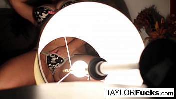 Busty brunette rubs her pussy