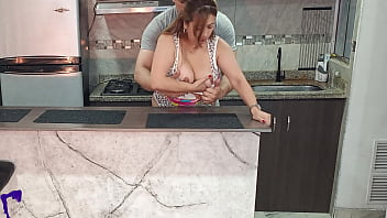 My best friend’s milf wife teases me in the kitchen and we end up fucking hard with vaginal creampie