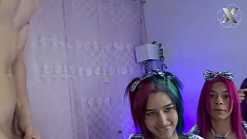 Jazmin gets her throat fucked kneeling in a row with her friends