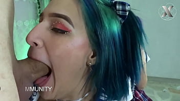 Jazmin gets her throat fucked kneeling in a row with her friends