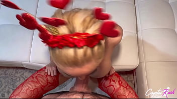 Sexy blonde in red lingerie deepthroats and rough fucks big dick till cum on big tits