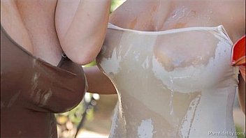 Wow two big titted blondes tag team a big white cock