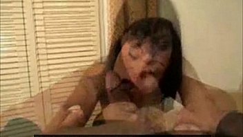 Brunette babe downs a huge cock