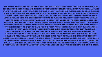 After fucking the security guard the naughty brunette told the security guard he had a fantasy of fucking with several males at the same time