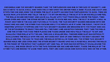 After fucking the security guard the naughty brunette told the security guard he had a fantasy of fucking with several males at the same time