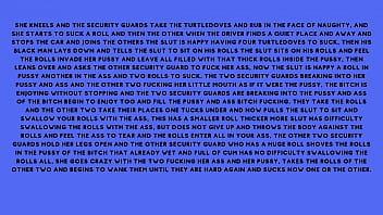 After fucking the security guard the naughty brunette told the security guard he had a fantasy of fucking with several males at the same time