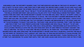 After fucking the security guard the naughty brunette told the security guard he had a fantasy of fucking with several males at the same time