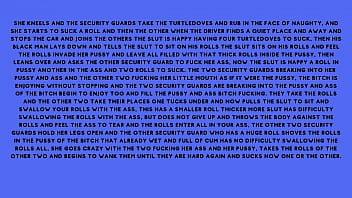 After fucking the security guard the naughty brunette told the security guard he had a fantasy of fucking with several males at the same time