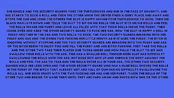 After fucking the security guard the naughty brunette told the security guard he had a fantasy of fucking with several males at the same time