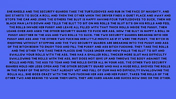 After fucking the security guard the naughty brunette told the security guard he had a fantasy of fucking with several males at the same time