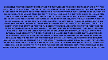 After fucking the security guard the naughty brunette told the security guard he had a fantasy of fucking with several males at the same time